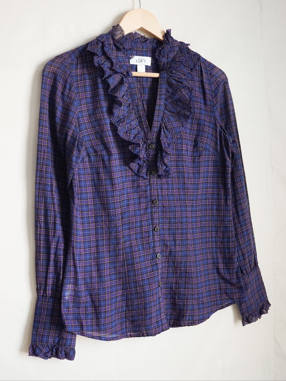 Ann Taylor LOFT Purple Plaid Ruffle Button Front Blouse Size 2